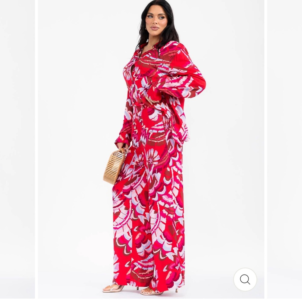 098. Vibrant. 2pc set MULTI PRINT WIDE LEG PALAZZO PANTS with Blouse %100 Model - Picture 4 of 4